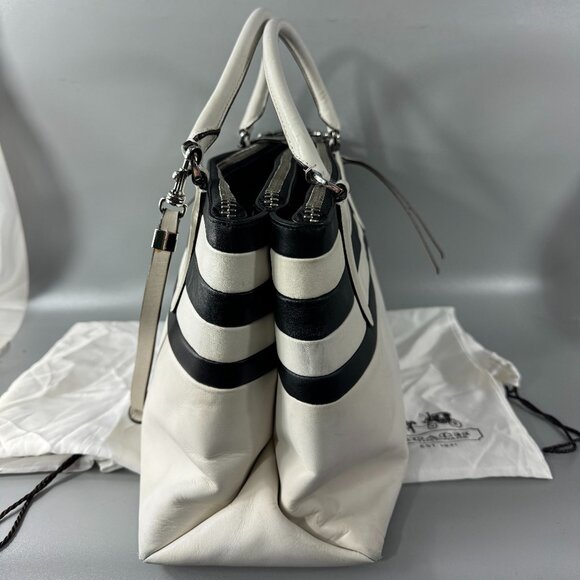 Authentic Coach # 30354 Broug BR Stripe Black/White Leather Sachel/Shoulder Bag - Picture 3 of 14